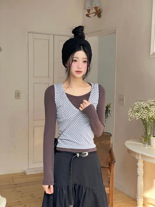Romini Dot Bustier Sleeveless Long Sleeve T-shirt Layered Set