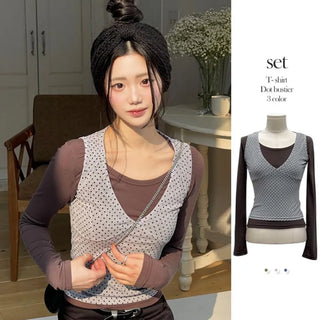 Romini Dot Bustier Sleeveless Long Sleeve T-shirt Layered Set