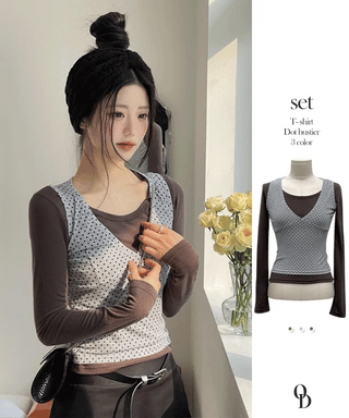 Romini Dot Bustier Sleeveless Long Sleeve T-shirt Layered Set
