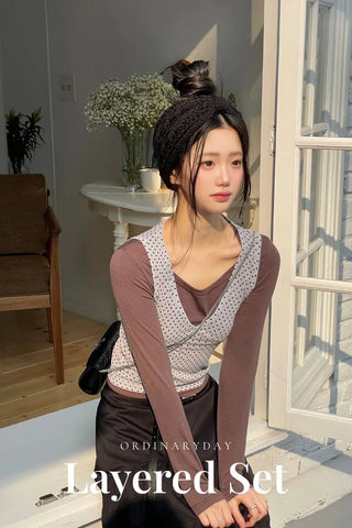 Romini Dot Bustier Sleeveless Long Sleeve T-shirt Layered Set