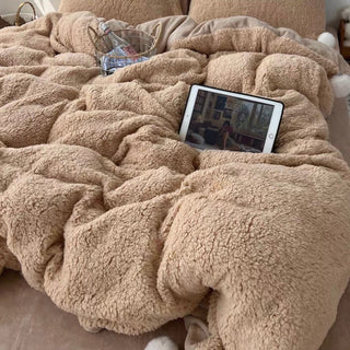 Brown Pom-pom Milk Velvet Winter Thick Duvet Cover Set