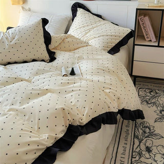 Polka Dot Pattern Black Frill Monotone Duvet Cover Set  All Season