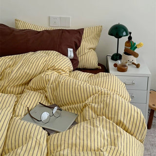 Yellow Brown Pin Stripe Cotton Duvet Cover Set 2 Sizes  All Seasons