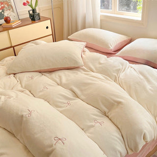Ribbon embroidery two-tone milk velvet winter duvet cover set