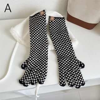 Smartphone Compatible Checkerboard Pattern Long Gloves