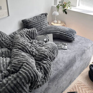 Faux Fur Striped Gray Winter Duvet Cover Set