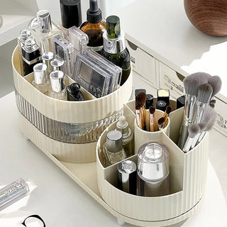 360 Degree Rotating Brush Stand with Sliding Cosmetic Storage Tray