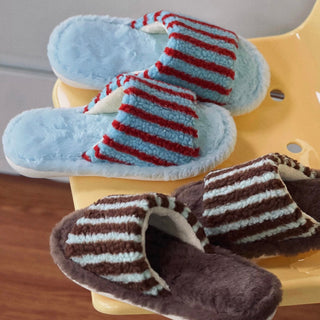Striped Boa Fur Open Slippers   3 Sizes  Indoor Room Shoes