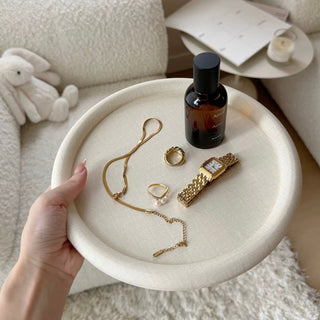 PU Leather Round Oval Simple Accessory Tray  Ivory Beige