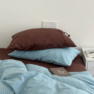 Blue Brown Pin Stripe Cotton Duvet Cover Set 2 Sizes  All Seasons