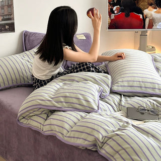 Purple Stripe Piping Thick Milk Fleece Winter Duvet Cover Set
