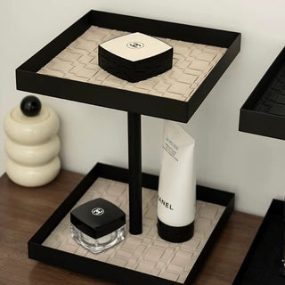 360 Degree Rotating Iron Braided Leather Square Two-Tier Tray  Storage Rack