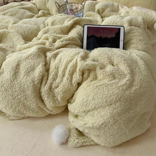 Yellow Pom-Pom Milk Velvet Winter Thick Duvet Cover Set