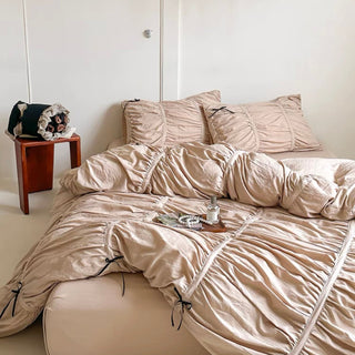 Color Gathered Romantic Ribbon Duvet Cover Set  All Seasons