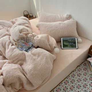 Pink Pom-Pom Milk Velvet Winter Thick Duvet Cover Set