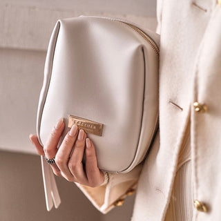 Square-shaped makeup and cosmetic storage pouch self-standing medium size white
