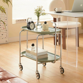 Silver frame with casters two-tier side tablein  wagon.