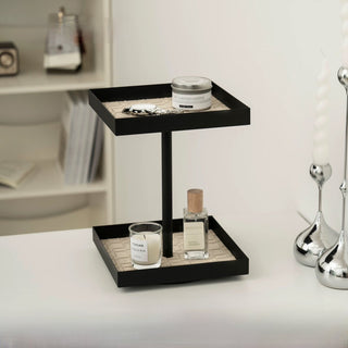 360 Degree Rotating Iron Braided Leather Square Two-Tier Tray  Storage Rack