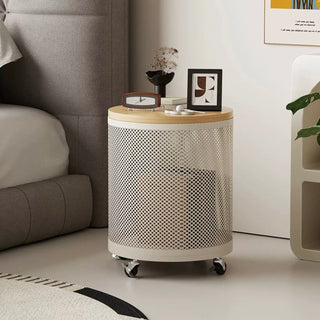 Wheeled Wood Lid Storage Round Side Table