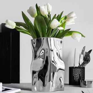 Silver color tall ceramic flower vase