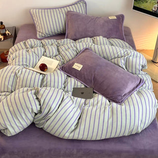 Purple Stripe Piping Thick Milk Fleece Winter Duvet Cover Set
