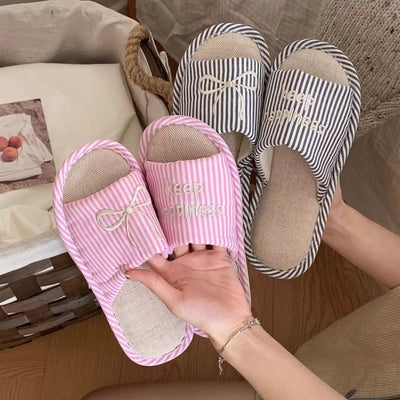 Ribbon embroidered striped linen room shoes  3 sizes indoor slippers.