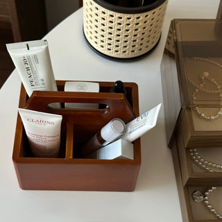 Handle-equipped wooden divider storage mini box for cosmetics