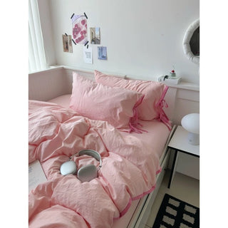 Pink Side Ribbon Plain Piping Duvet Cover Set 2 Sizes  Bed Cover All Seasons Year-Round