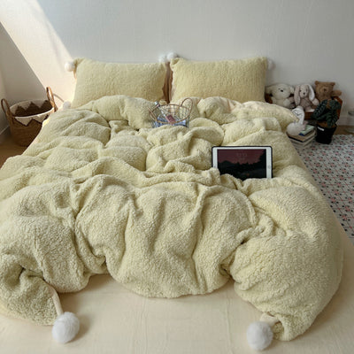 Yellow Pom-Pom Milk Velvet Winter Thick Duvet Cover Set