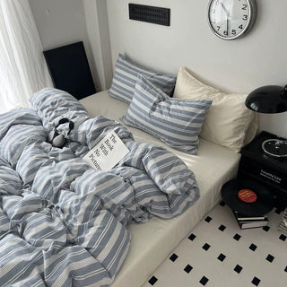 Blue Multi Stripe Cotton Duvet Cover Set 2 Sizes  All Seasons