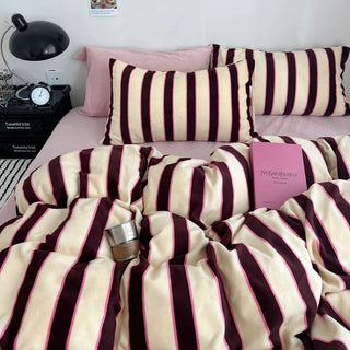 Pink Brown Wide Stripe Winter Duvet Cover Set