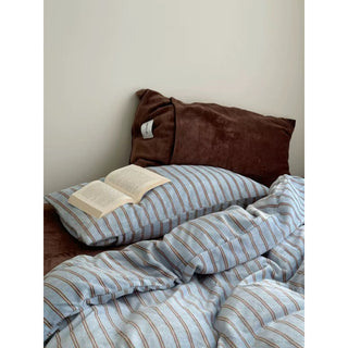 Blue Brown Double Stripe Milk Velvet Winter Duvet Cover Set