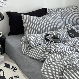 Gray and White Stripe Cotton Duvet Cover Set   All Seasons