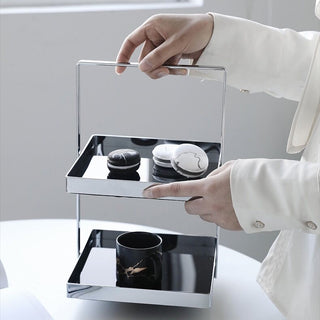 Handle-equipped silver frame square two-tier storage rack