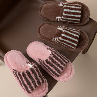 Striped Boa Fur Open Slippers   3 Sizes  Indoor Room Shoes