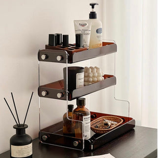 Clear Brown Acrylic Three-Tier Storage Display Rack for Cosmetics and Perfumes