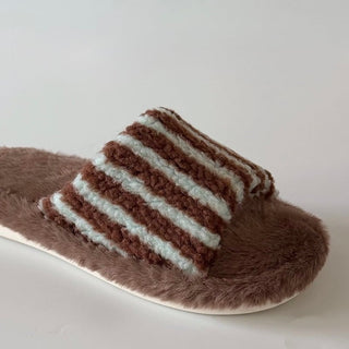 Striped Boa Fur Open Slippers   3 Sizes  Indoor Room Shoes