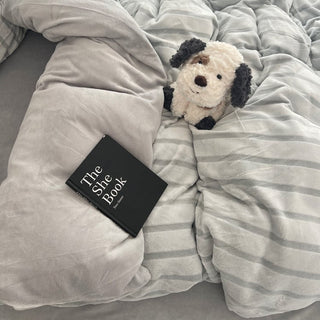 Gray Stripe Fluffy Flannel Duvet Cover Set