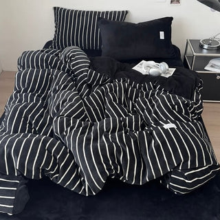 Dark Color Pinstripe Milk Velvet Winter Duvet Cover Set
