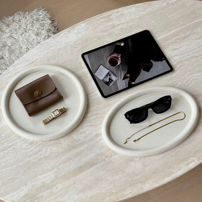 PU Leather Round Oval Simple Accessory Tray  Ivory Beige