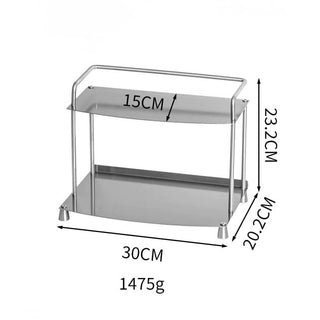 Stainless steel silver storage two-tier display rack for cosmetics and perfumes.