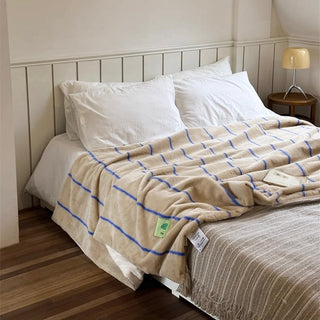 Beige Blue Stripe Pattern Fluffy Soft Blanket 150 x 200 cm Blanket Lap Blanket