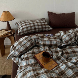 Brown Sheets Checkered Pattern Cotton Duvet Cover Set  All Seasons