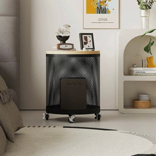 Wheeled Wood Lid Storage Round Side Table