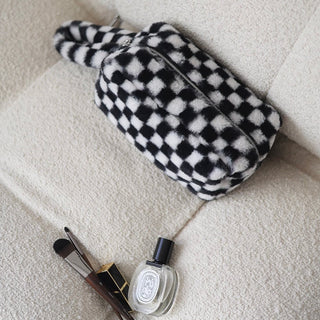 Checkerboard pattern faux fur pouch cosmetic storage bag