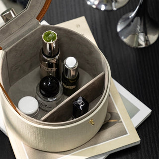 Leather Handle Round Makeup Box with Mirror Small Item Storage Cosmetic Storage