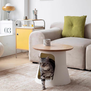 PetHouse Wood Top Round Side Table  Sofa Table Cat House Multifunctional