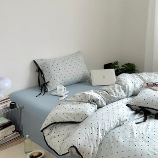Blue polka dot pattern piping ribbon duvet cover set 2 sizes  bed cover all seasons year-round.