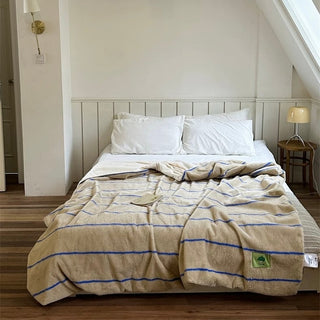 Beige Blue Stripe Pattern Fluffy Soft Blanket 150 x 200 cm Blanket Lap Blanket