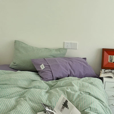 Green Purple Pin Stripe Cotton Duvet Cover Set 2 Sizes  All Seasons